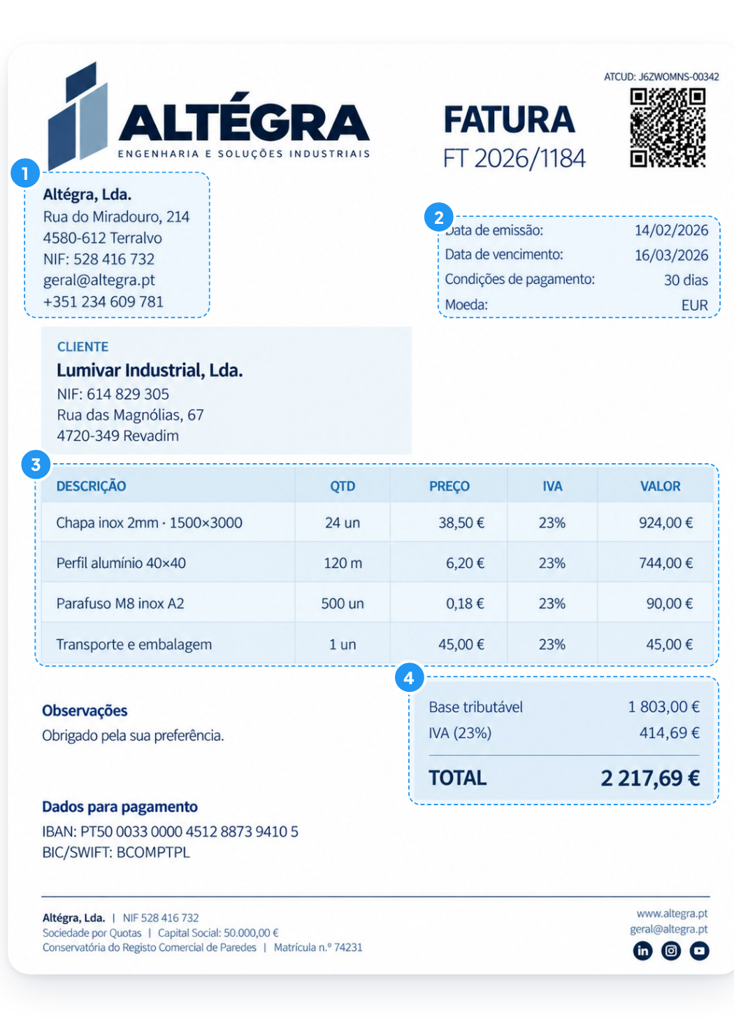 Fatura com fornecedor, datas, linhas e totais identificados pela IA