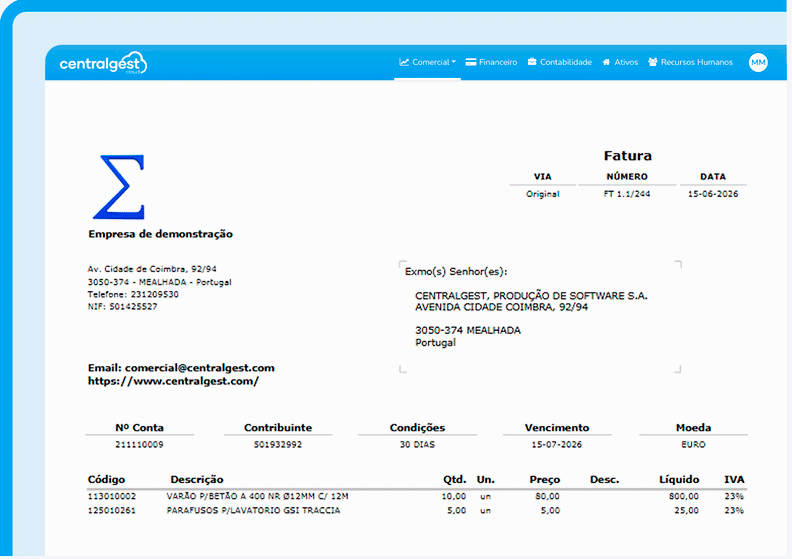 Demonstra&ccedil;&atilde;o da IA da CentralGest a processar uma fatura